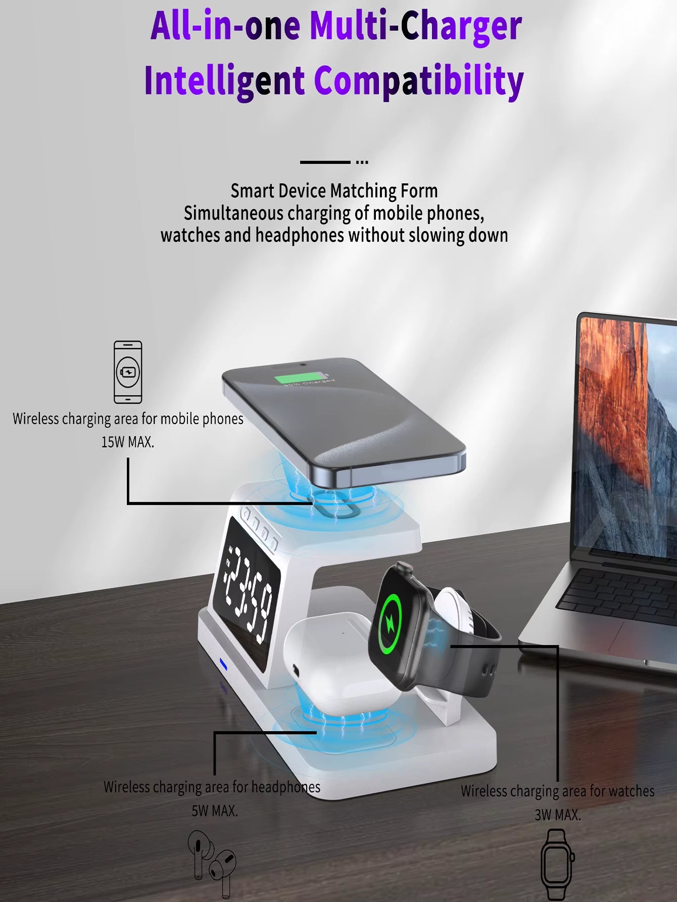 PowerHub Pro 3 - in - 1: Fast Wireless Charger, Smart Clock & Alarm – All in One Sleek Device - High Ends Electronics and more