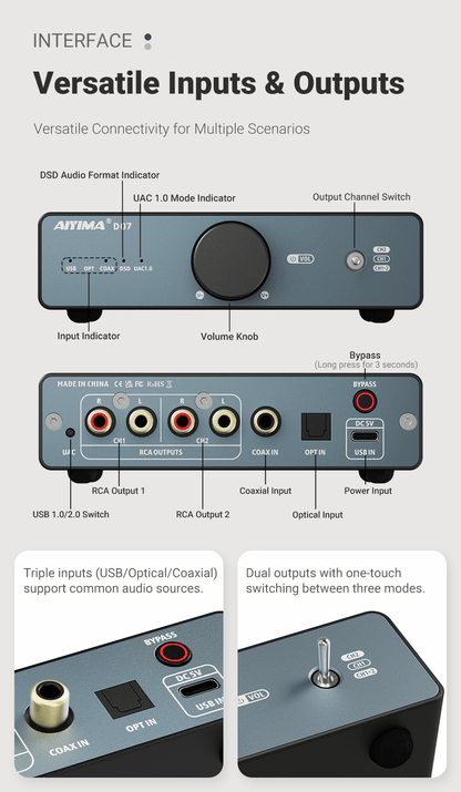 AIYIMA D07 DAC XMOS XU316 AKM 4493S HIFI Mini Desktop Decoder PCM 768kHz/32Bit DSD512 Optical fiber/coaxial/USB input RCA output