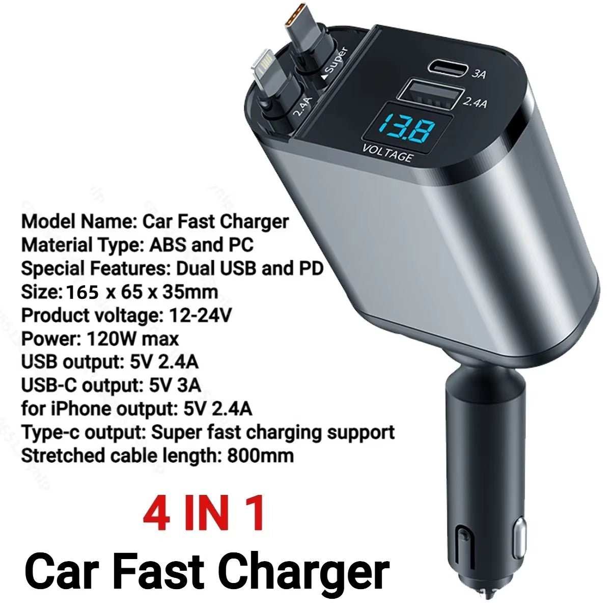 VoltRush™ 4 - in - 1 Retractable Car Charger – Fast Power, Zero Clutter - High Ends Electronics and more