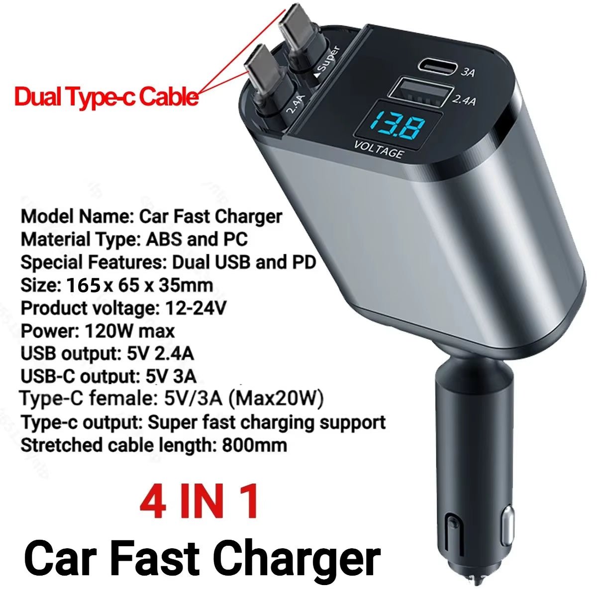 VoltRush™ 4 - in - 1 Retractable Car Charger – Fast Power, Zero Clutter - High Ends Electronics and more