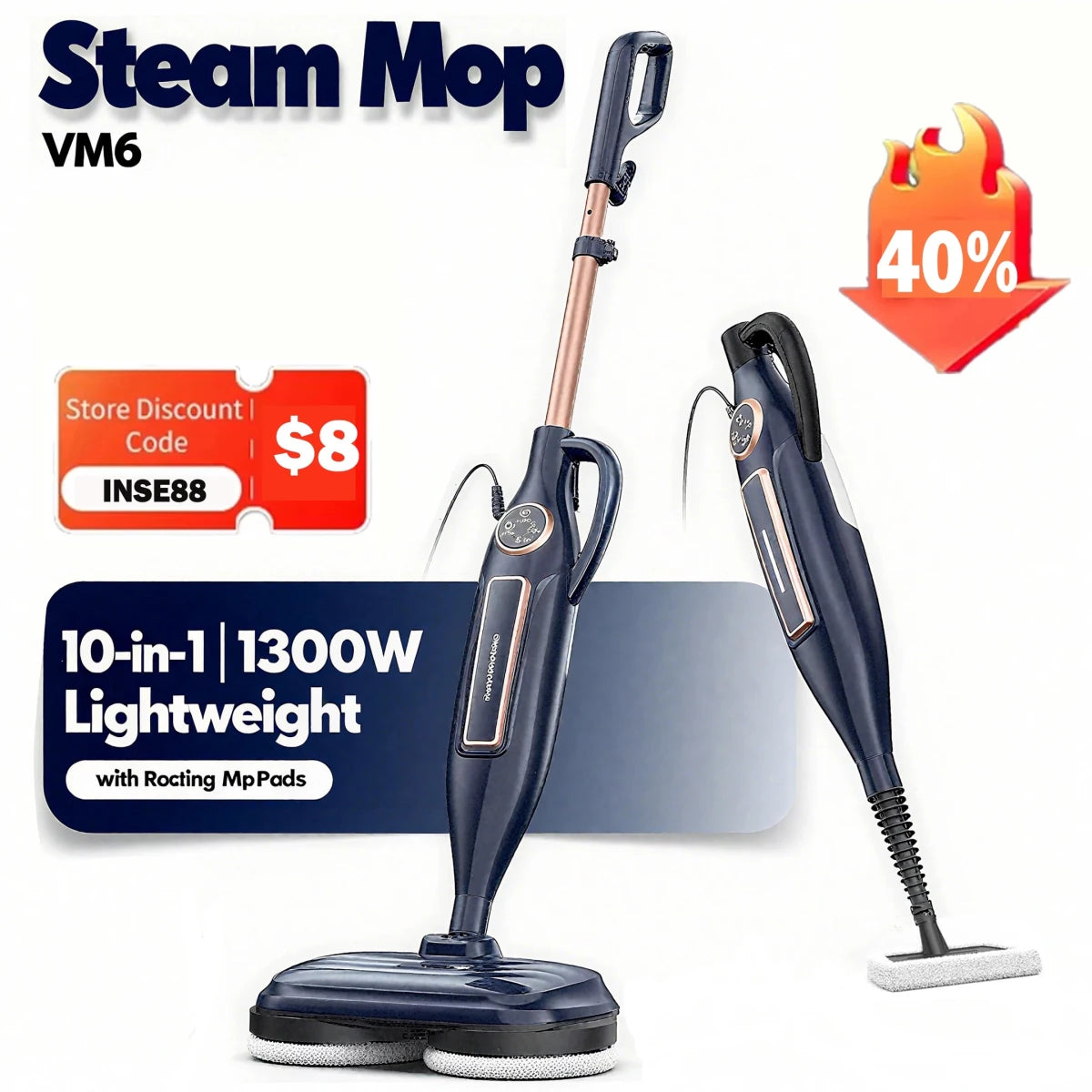 DEVOAC VM6 Steam Mop Cleaner with Rotating Mop Pad 10 in 1 Lightweight Spin Mop 1300W Powerful Floor Steamer for Home Hardwood - High Ends Electronics and moreHigh Ends Electronics and moreHigh Ends Electronics and moreDEVOAC VM6 Steam Mop Cleaner with Rotating Mop Pad 10 in 1 Lightweight Spin Mop 1300W Powerful Floor Steamer for Home Hardwood