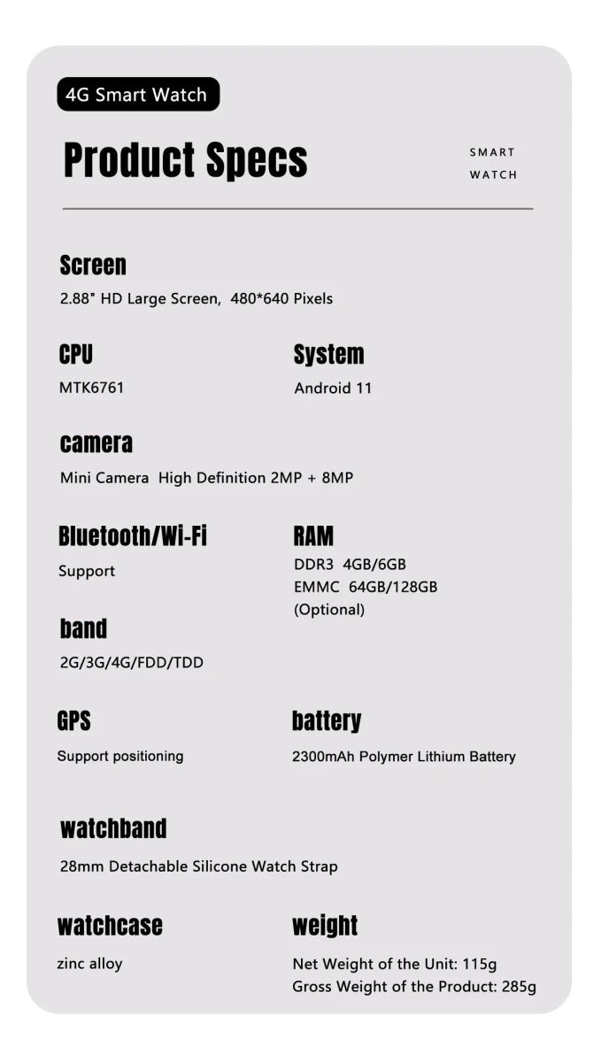 S999 Smart Watch 4G LTE MTK6761 Core 4GB 64GB 2.0MP+8.0MP GPS WIFI 2.88 inch Dual Cameras Smartwatch 2300mAh Battery VS DM101 - High Ends Electronics and moreHigh Ends Electronics and moreHigh Ends Electronics and moreS999 Smart Watch 4G LTE MTK6761 Core 4GB 64GB 2.0MP+8.0MP GPS WIFI 2.88 inch Dual Cameras Smartwatch 2300mAh Battery VS DM101