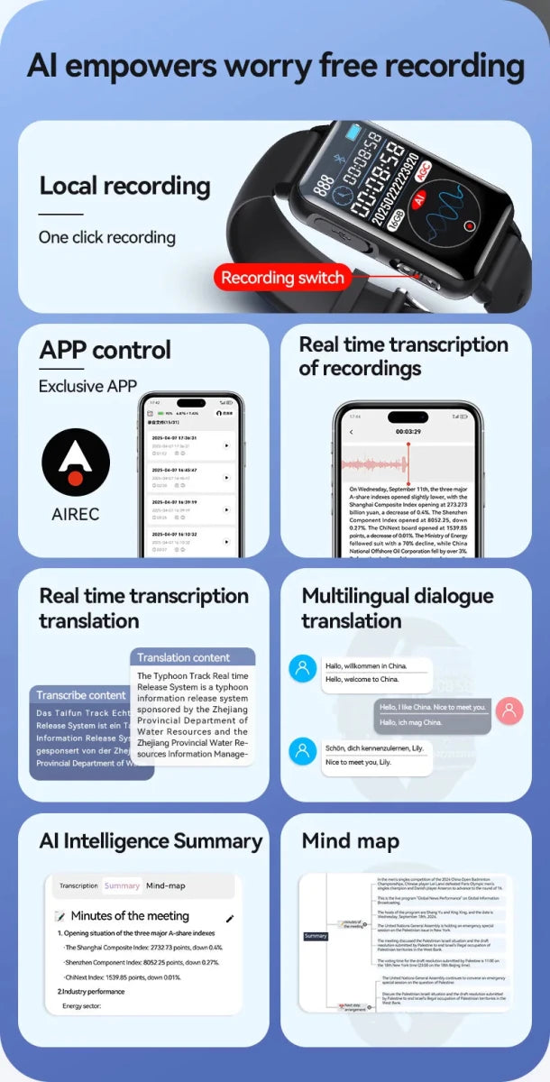 Smart Recording Watch AI Recorder Intelligent Real - time Transcription Translation Conversation Recording Bracelet APP Control - High Ends Electronics and moreHigh Ends Electronics and moreHigh Ends Electronics and moreSmart Recording Watch AI Recorder Intelligent Real - time Transcription Translation Conversation Recording Bracelet APP Control